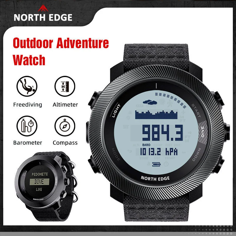 North Edge Apache D black outdoor freediving watch with round pale LCD display and black nylon strap